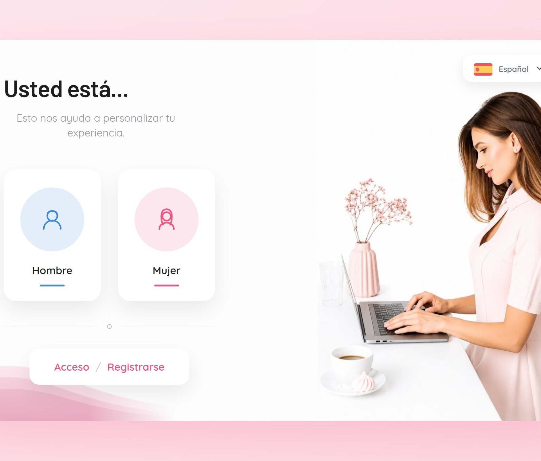 Paso de acceso de FlirtBees en español con las opciones de perfil y el botón de entrar